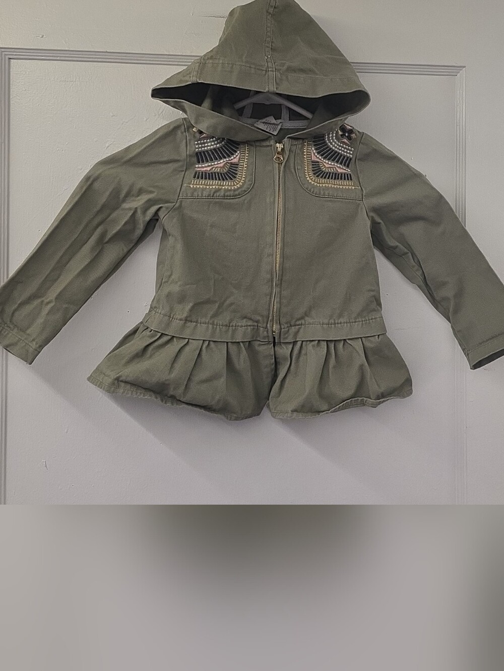 Aspen Kids Olive Green Embroidered Hooded Peplum Jacket 2T